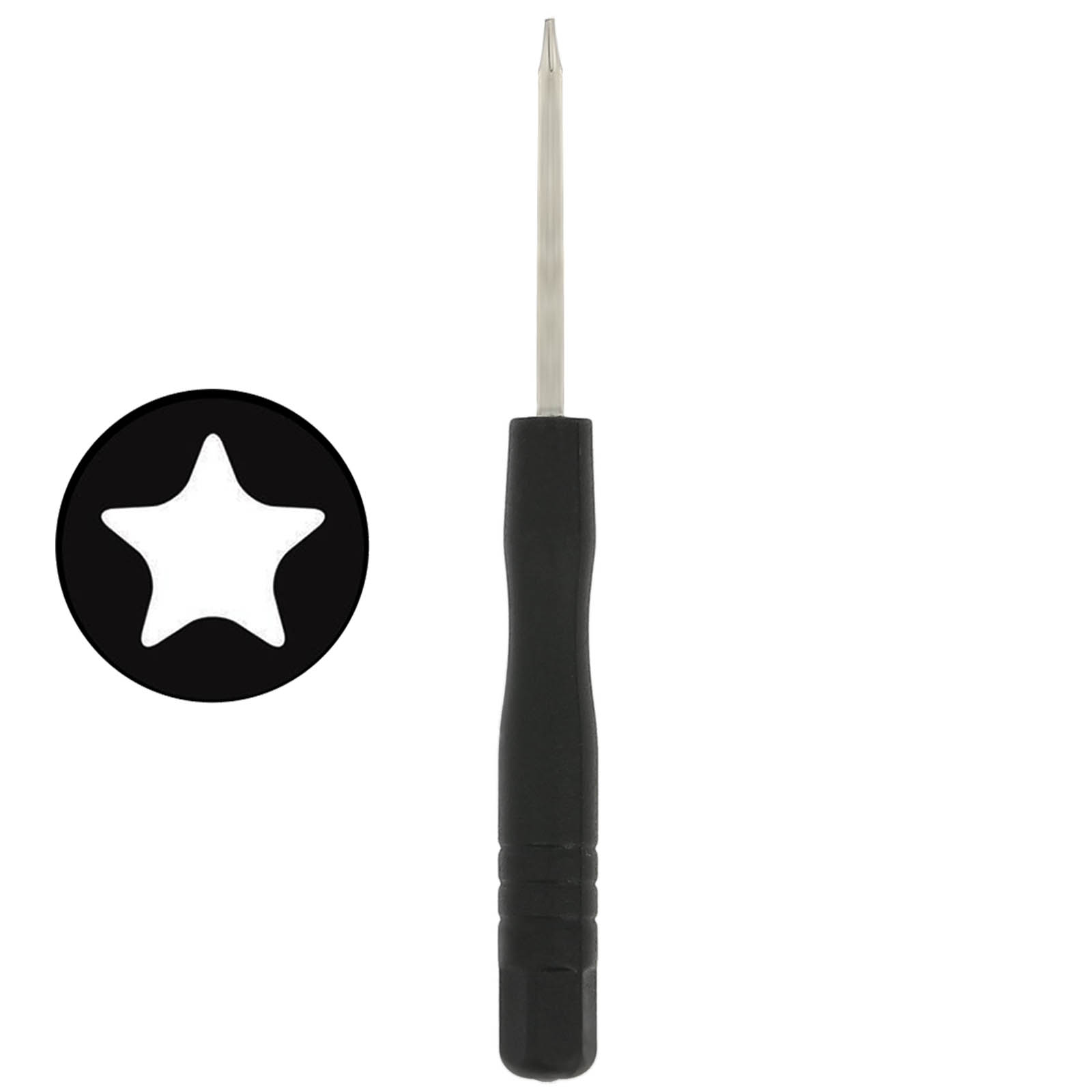 Un cacciavite Torx con manico nero e simbolo a stella su sfondo nero.