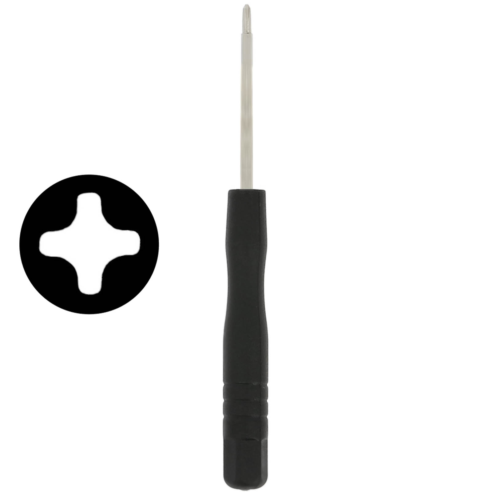 Cacciavite nero con punta argentata e un simbolo a croce accanto.