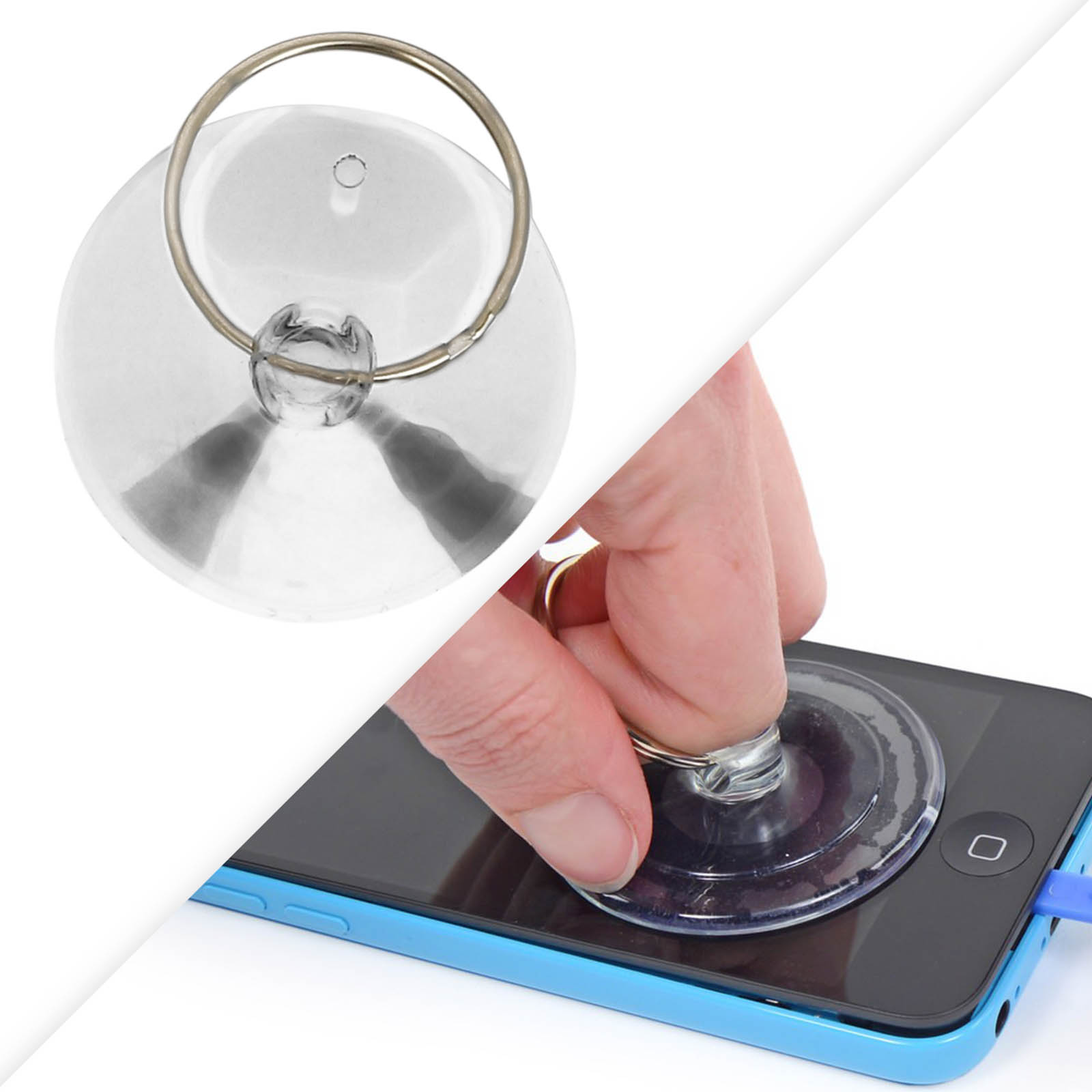 Una ventosa con anello viene premuta su uno smartphone blu.