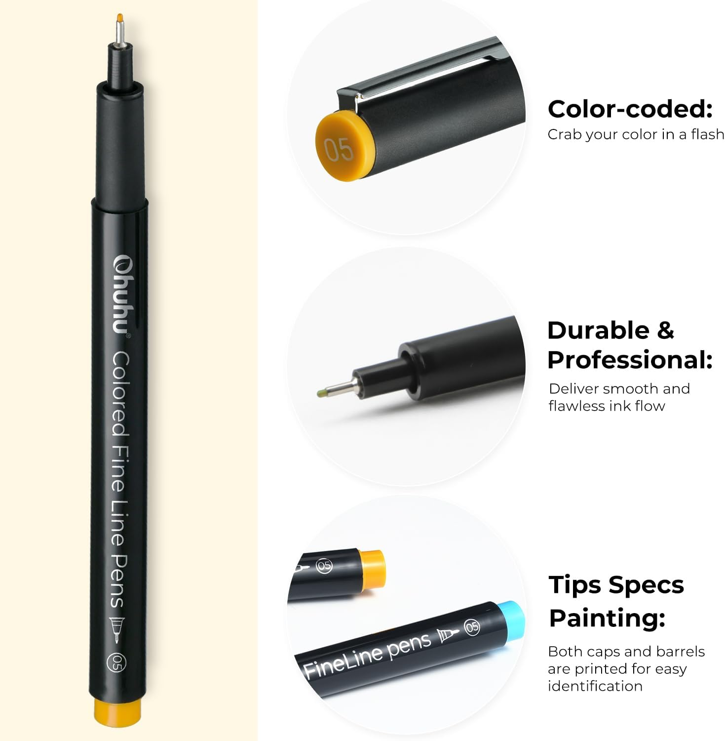 Ein schwarzer Fine-Line-Stift mit gelber Spitze und Beschriftung.