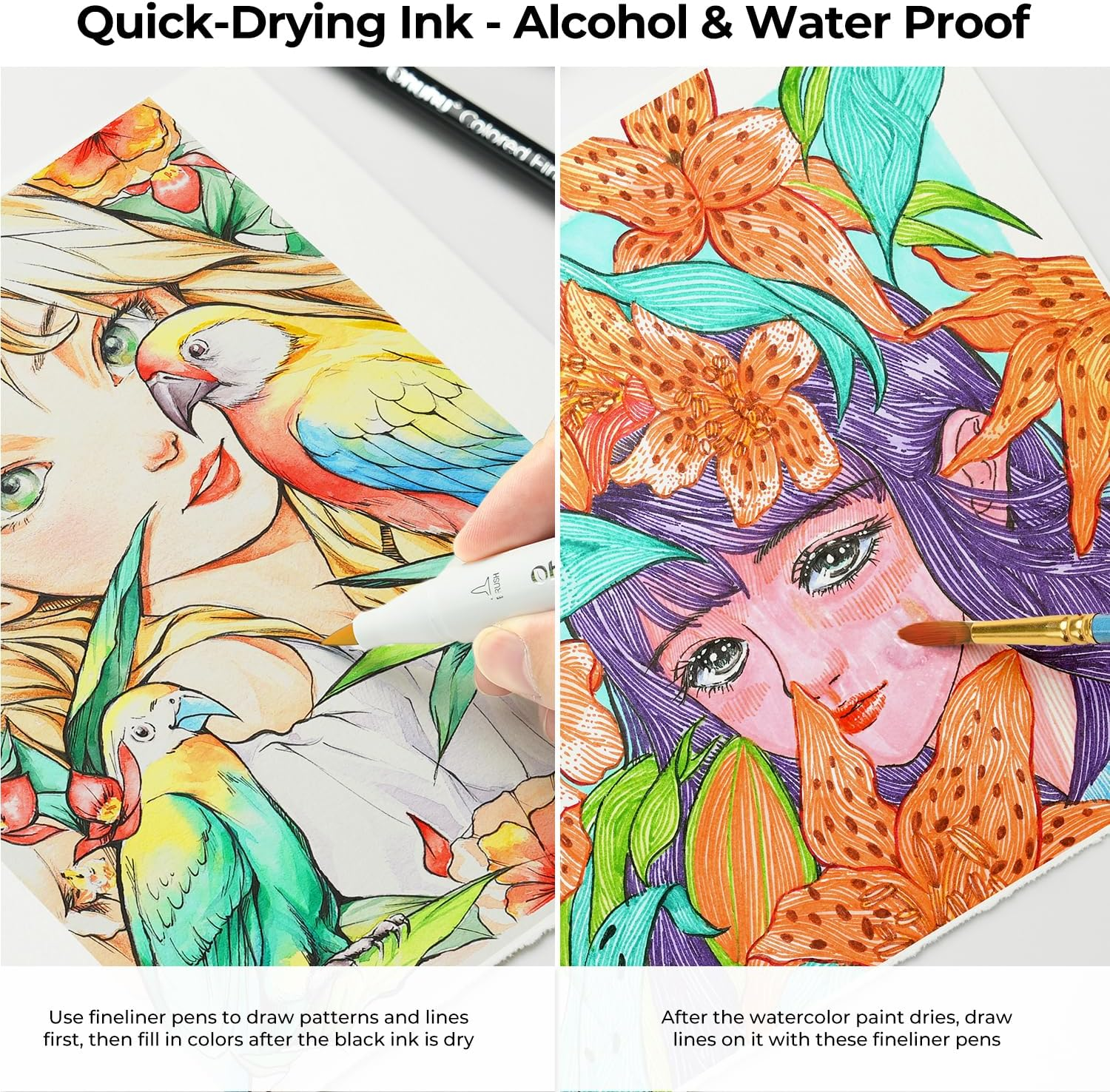 Geteiltes Bild zeigt Kunst im Entstehungsprozess: links Tuschezeichnung, rechts Aquarellmalerei.