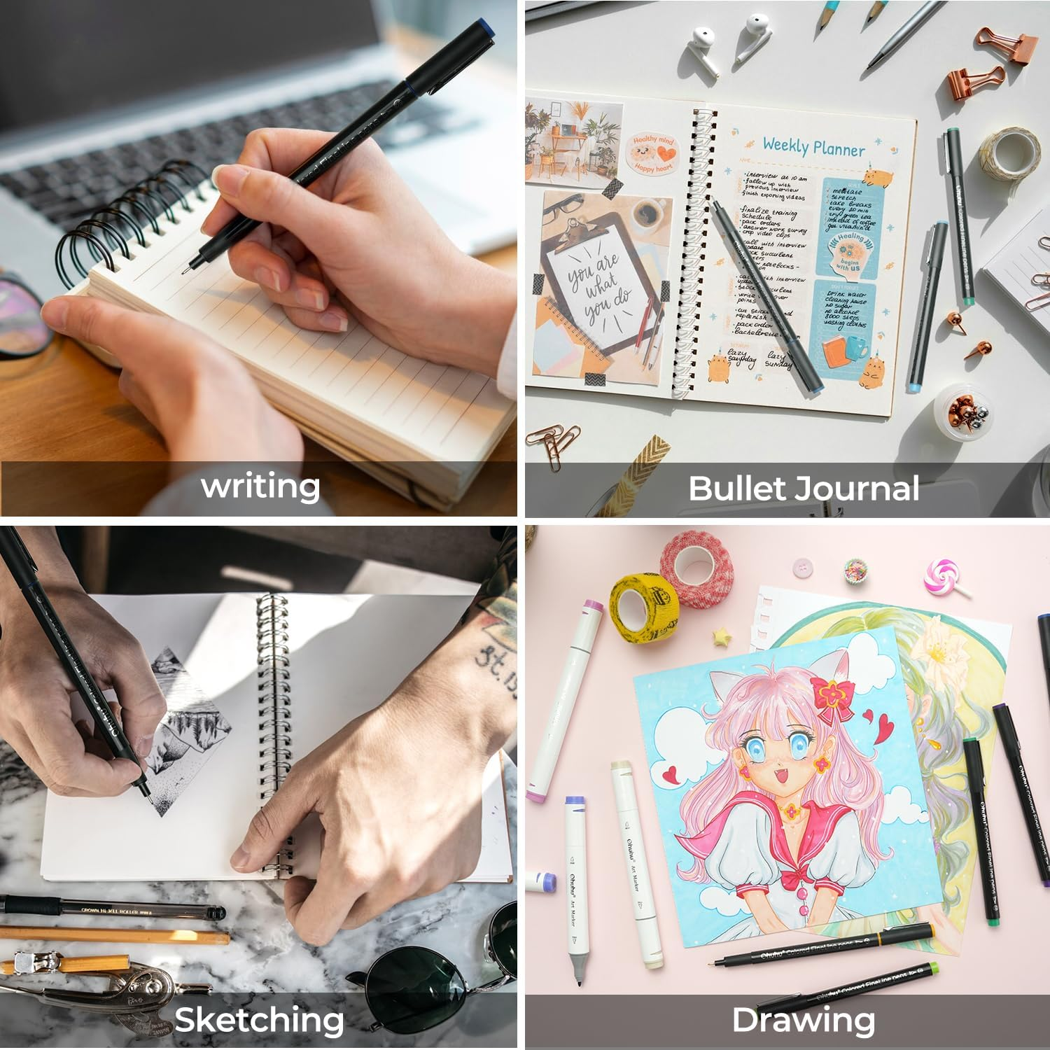 Vier Collagen: Schreiben, Bullet Journal, Skizzieren, Zeichnen.