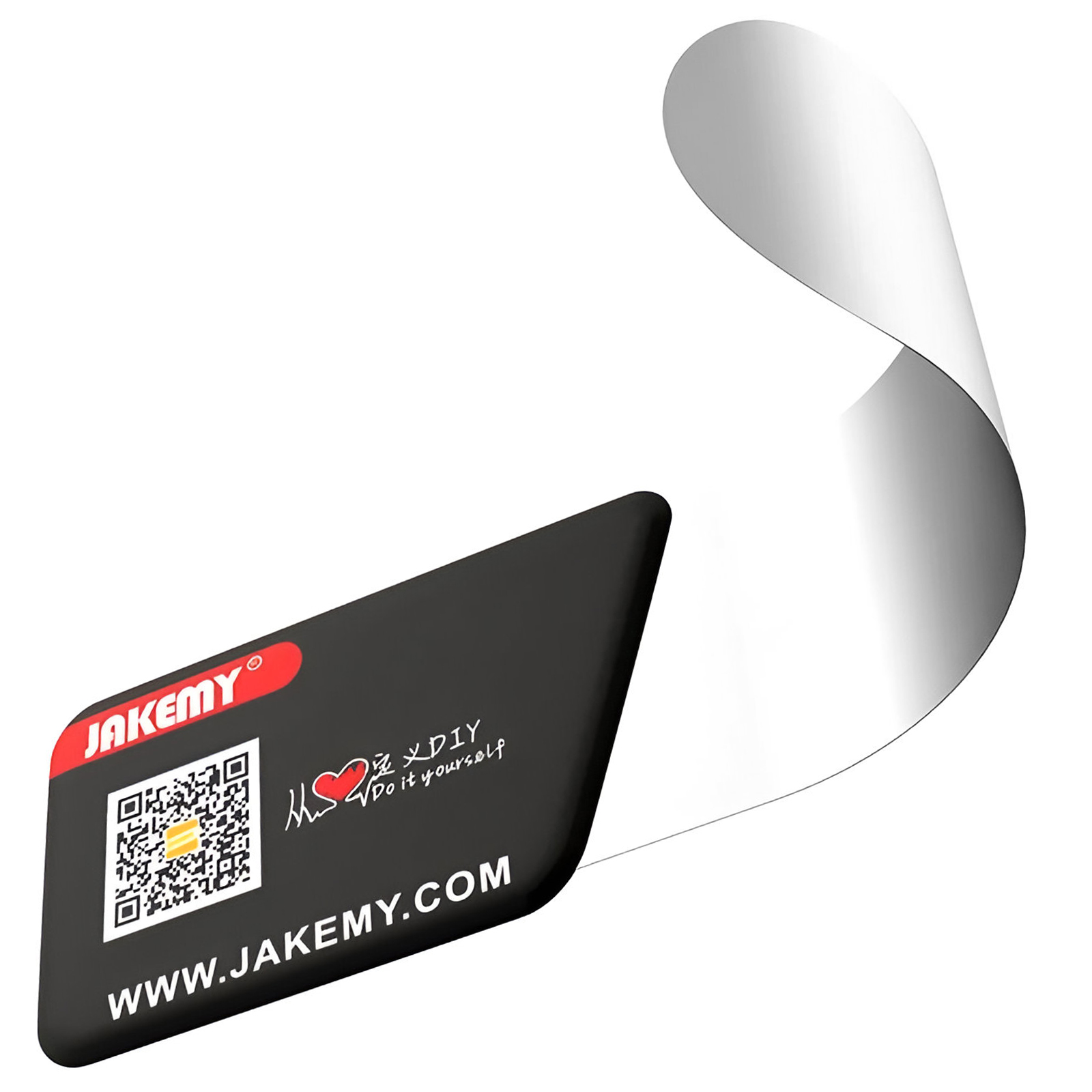 Etichetta nera con logo JAKEMY, codice QR e sito web su sfondo bianco.