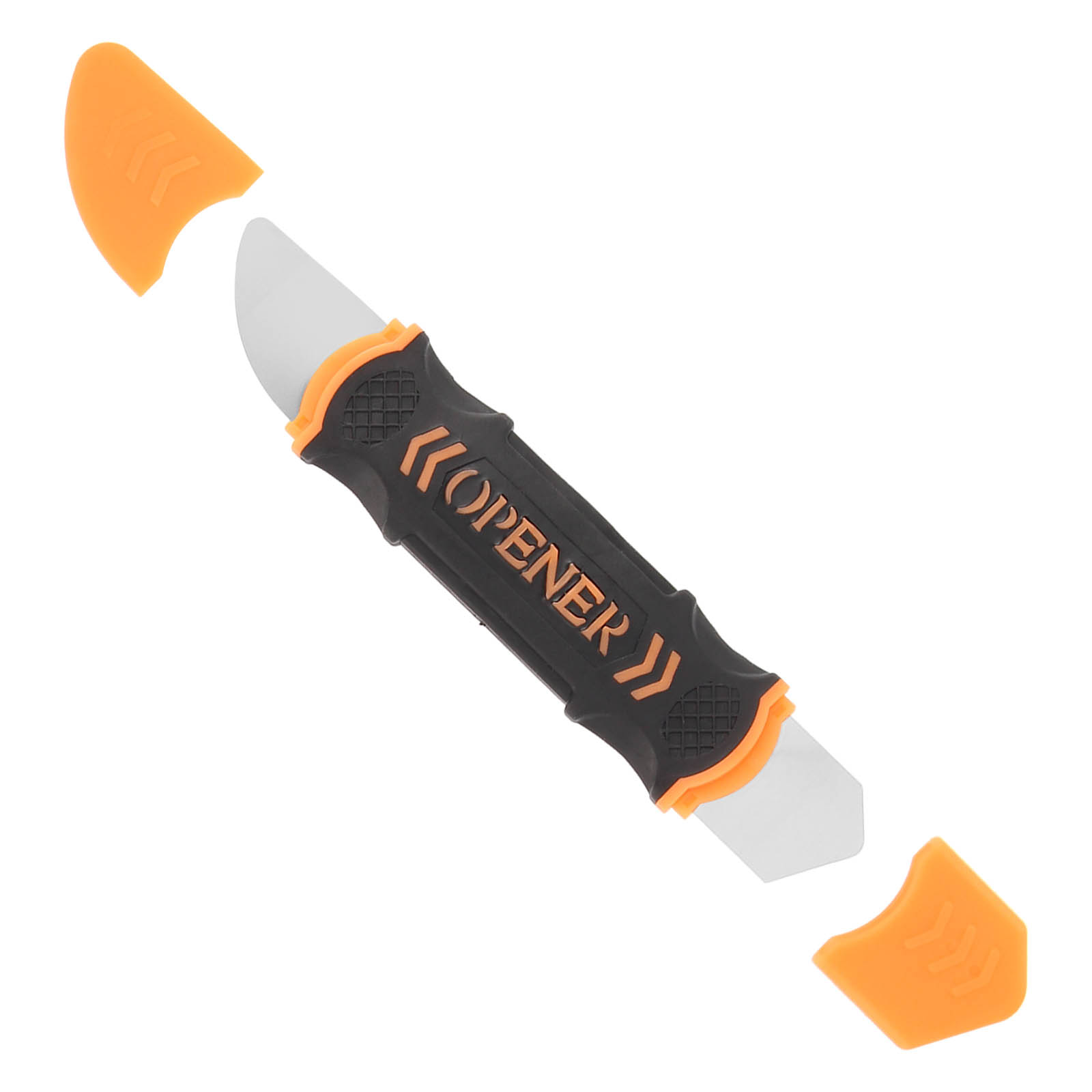 Ein schwarzes Werkzeug mit orangen Kappen und der Aufschrift "OPENER".