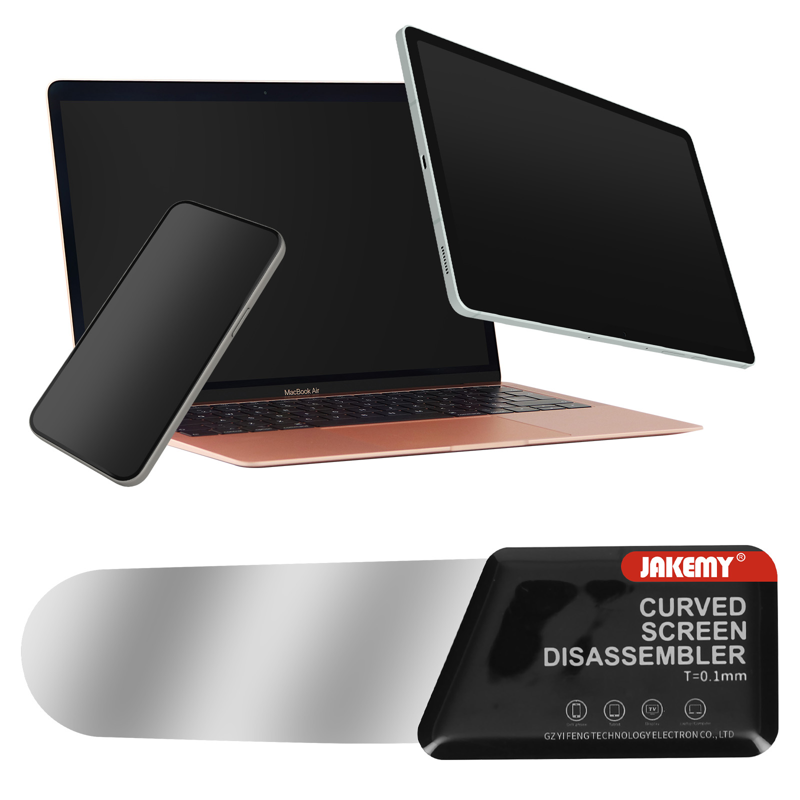Uno smartphone e un tablet argentati su un MacBook Air oro rosa.