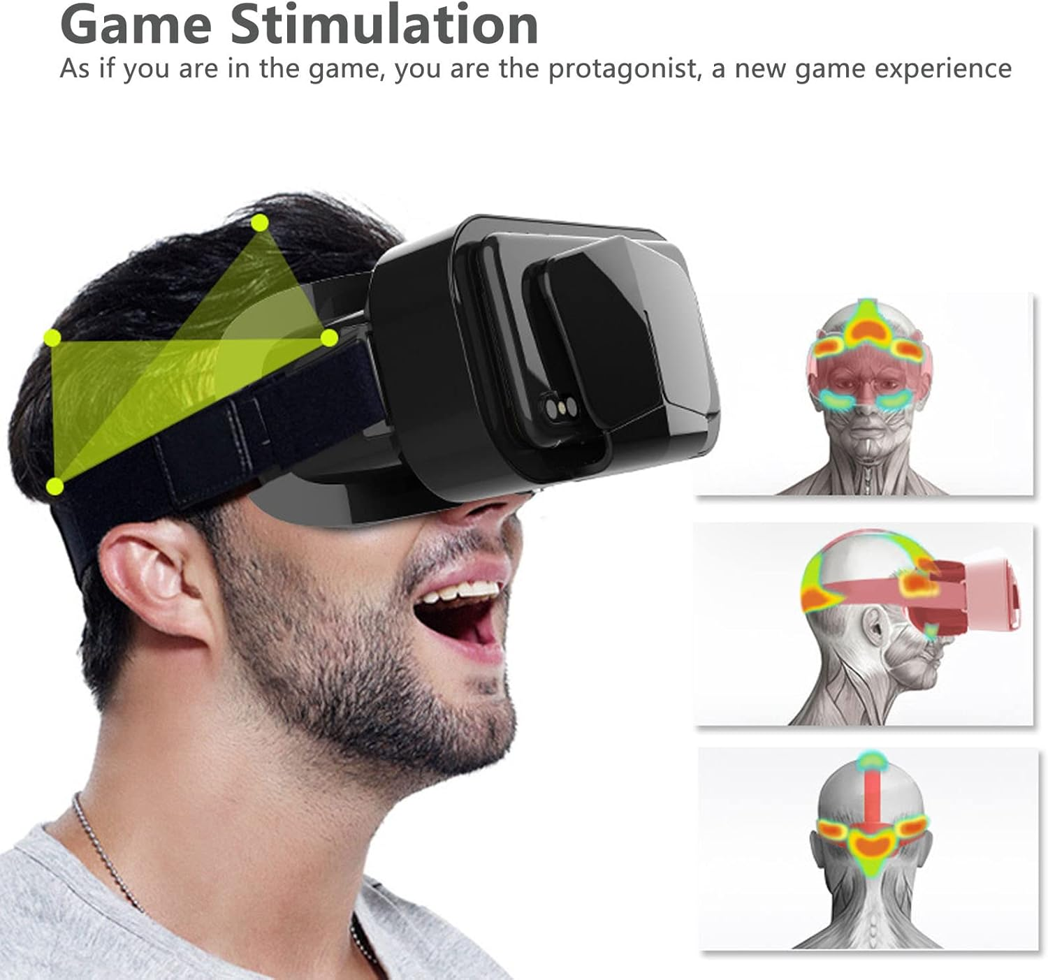 Mann trägt VR-Brille mit Hirn-Stimulationsdiagrammen daneben.