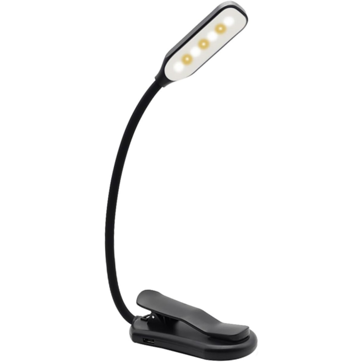 Ein schwarzes Buchlicht mit flexiblem Hals und Klemmfuß, vier LEDs.
