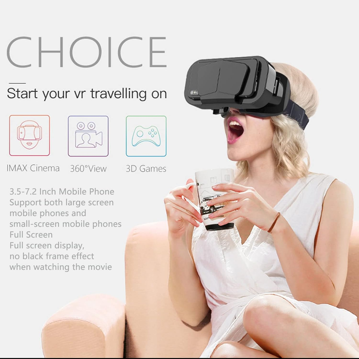 Frau mit VR-Brille und Tasse auf Sofa. Text über VR-Optionen und Handy-Kompatibilität.