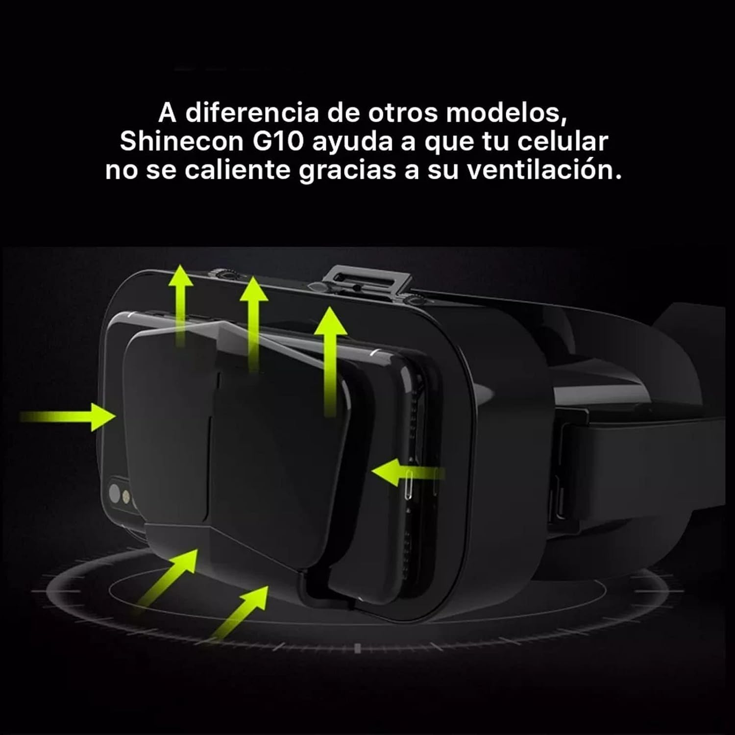 Ein schwarzes VR-Headset mit grünen Pfeilen, die Belüftung anzeigen.