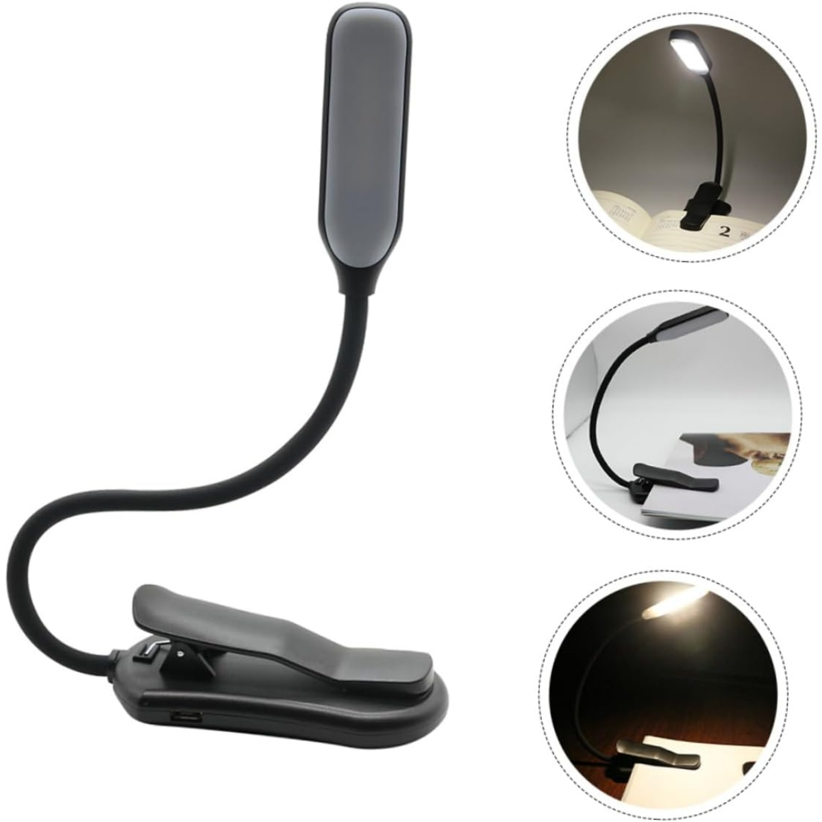 Eine flexible Klemm-Leseleuchte mit USB-Anschluss und grauem Lichtkopf.