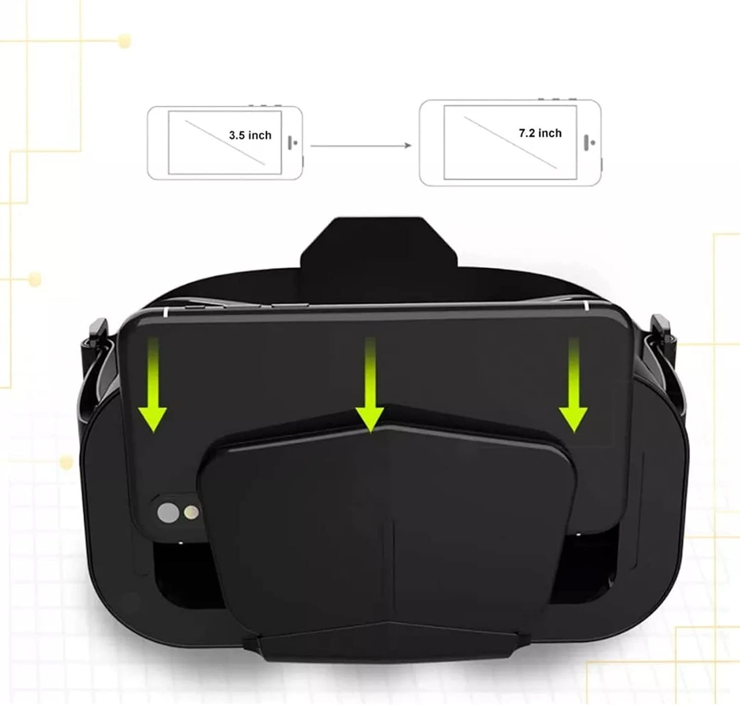 Schwarze VR-Brille zeigt Einbau von 3,5-Zoll- und 7,2-Zoll-Handys.