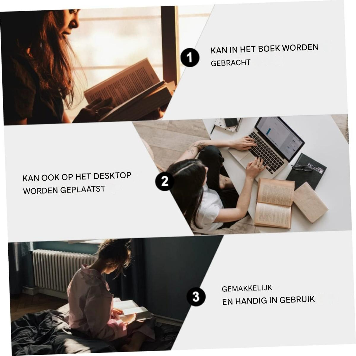 Person liest Buch, zwei Personen arbeiten am Laptop, Frau liest im Bett.