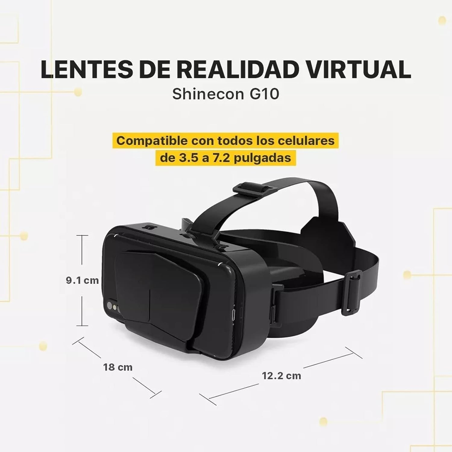 Schwarze VR-Brille Shinecon G10 mit Maßangaben: 9.1 cm, 18 cm, 12.2 cm.
