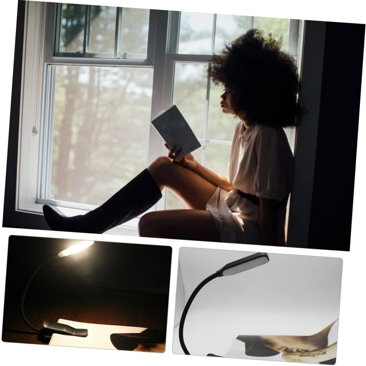 Frau liest Buch am Fenster. Kleine Klemmlampen im Dunkeln und vor hellem Hintergrund.