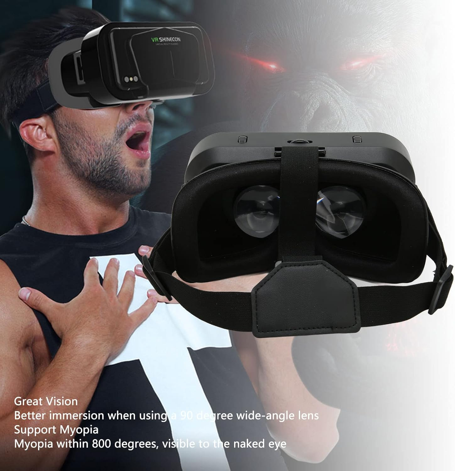 Mann trägt eine VR-Brille, im Hintergrund ein Gorilla-Gesicht.