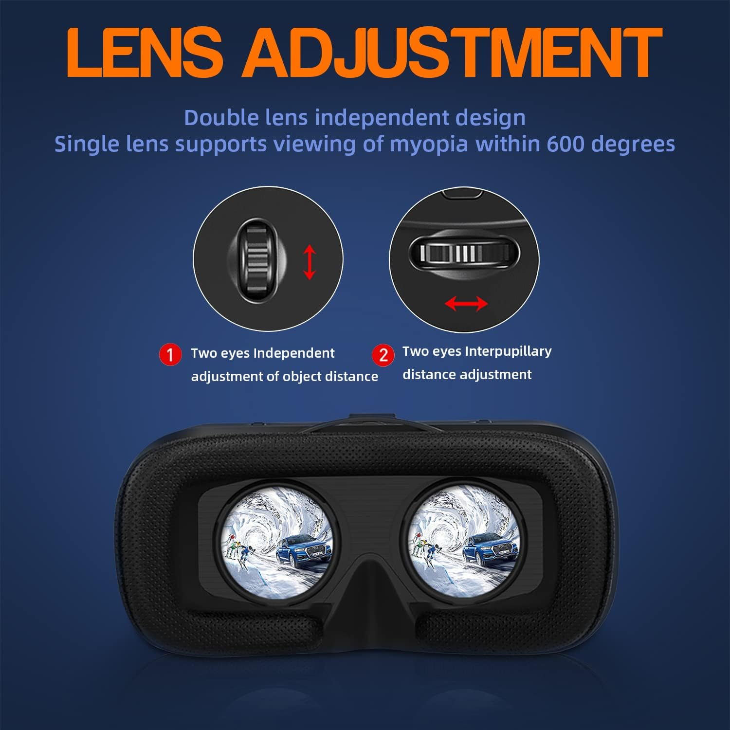 VR-Brille mit Linsenverstellung, die eine Schneeszene anzeigt.