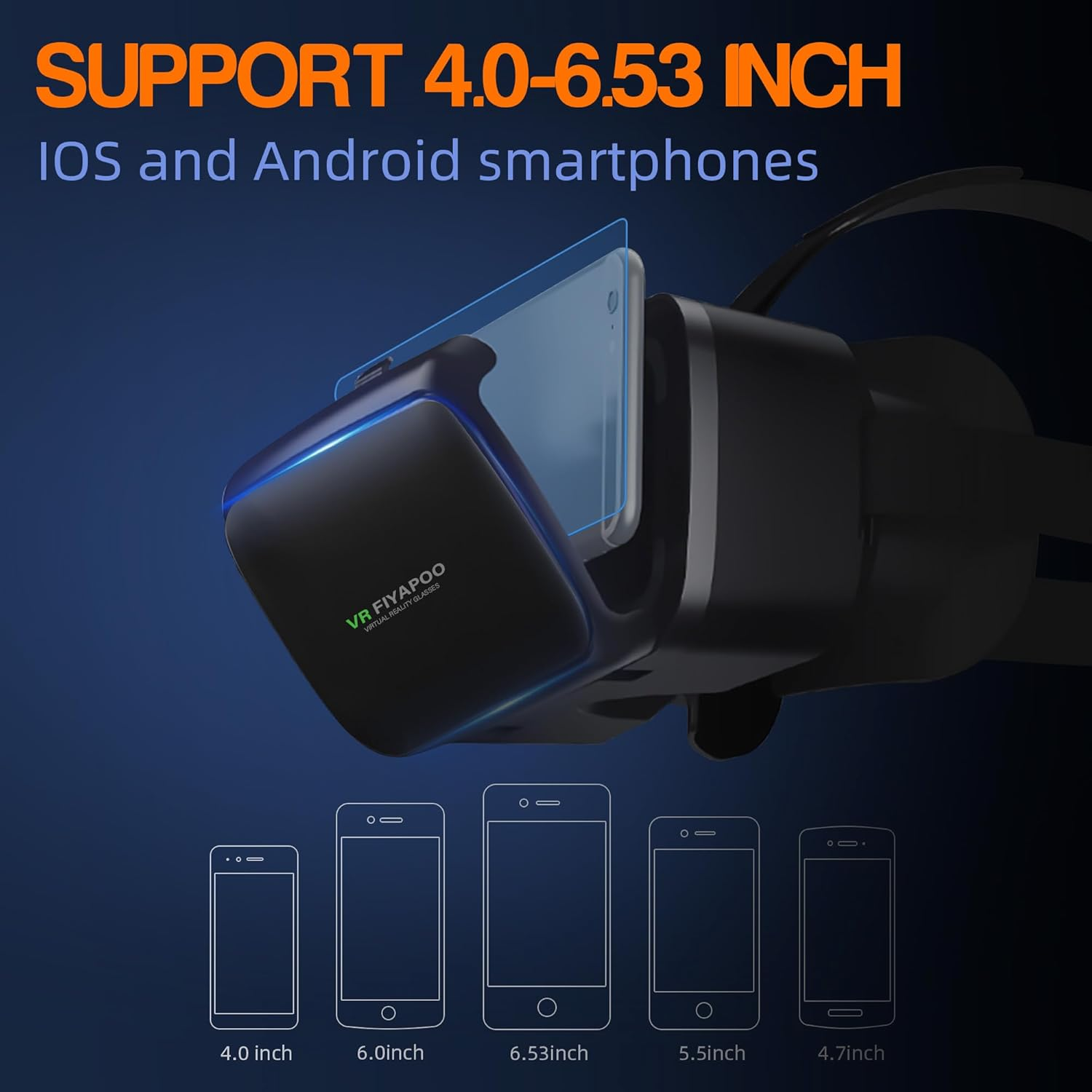 VR-Brille unterstützt 4.0-6.53 Zoll Smartphones. Fünf Größen abgebildet.