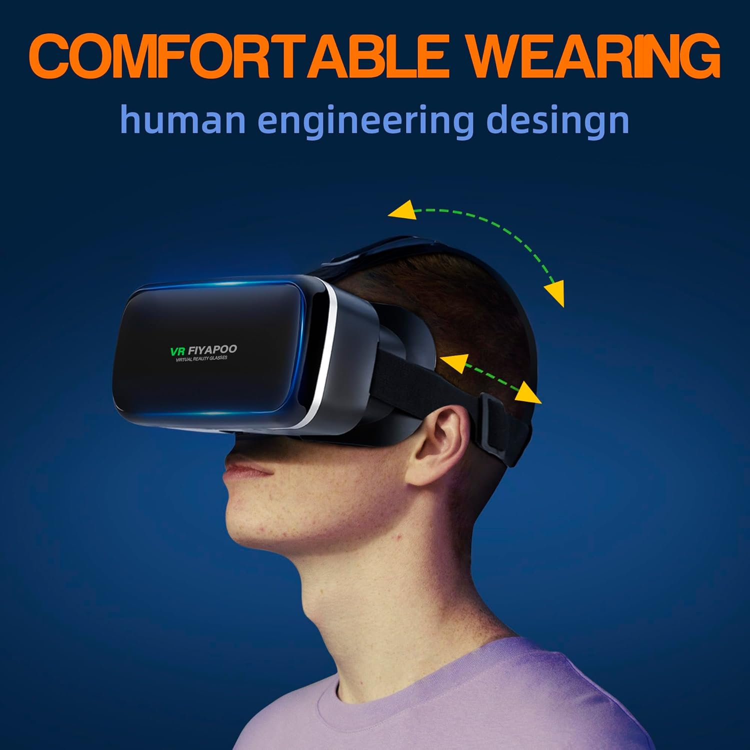 Ein Mann trägt eine VR-Brille mit blauem Hintergrund und gelben Pfeilen.