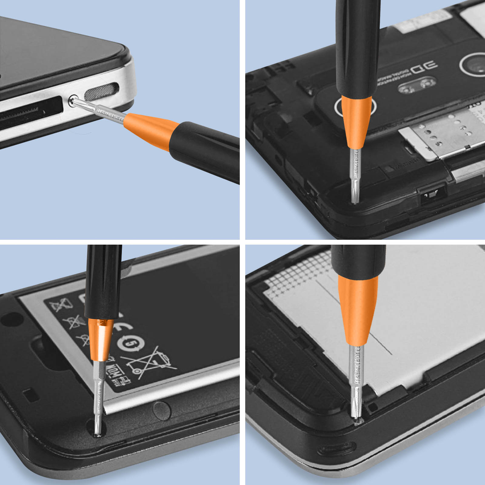 Cacciavite con manico arancione ripara uno smartphone nero dall'interno.
