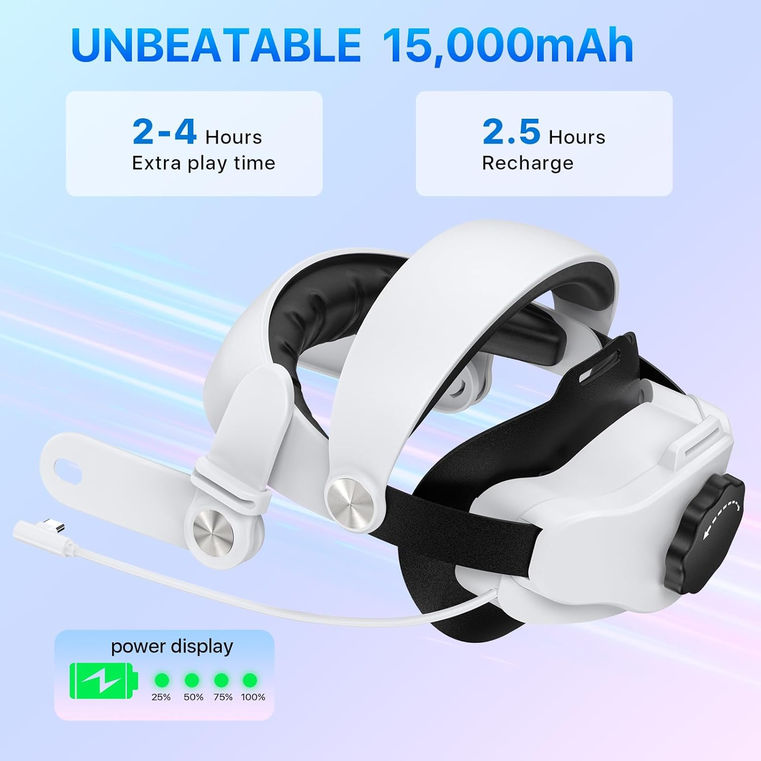 VR-Headset mit 15.000 mAh Akku, 2-4 Std. Spielzeit, 2,5 Std. Ladezeit.