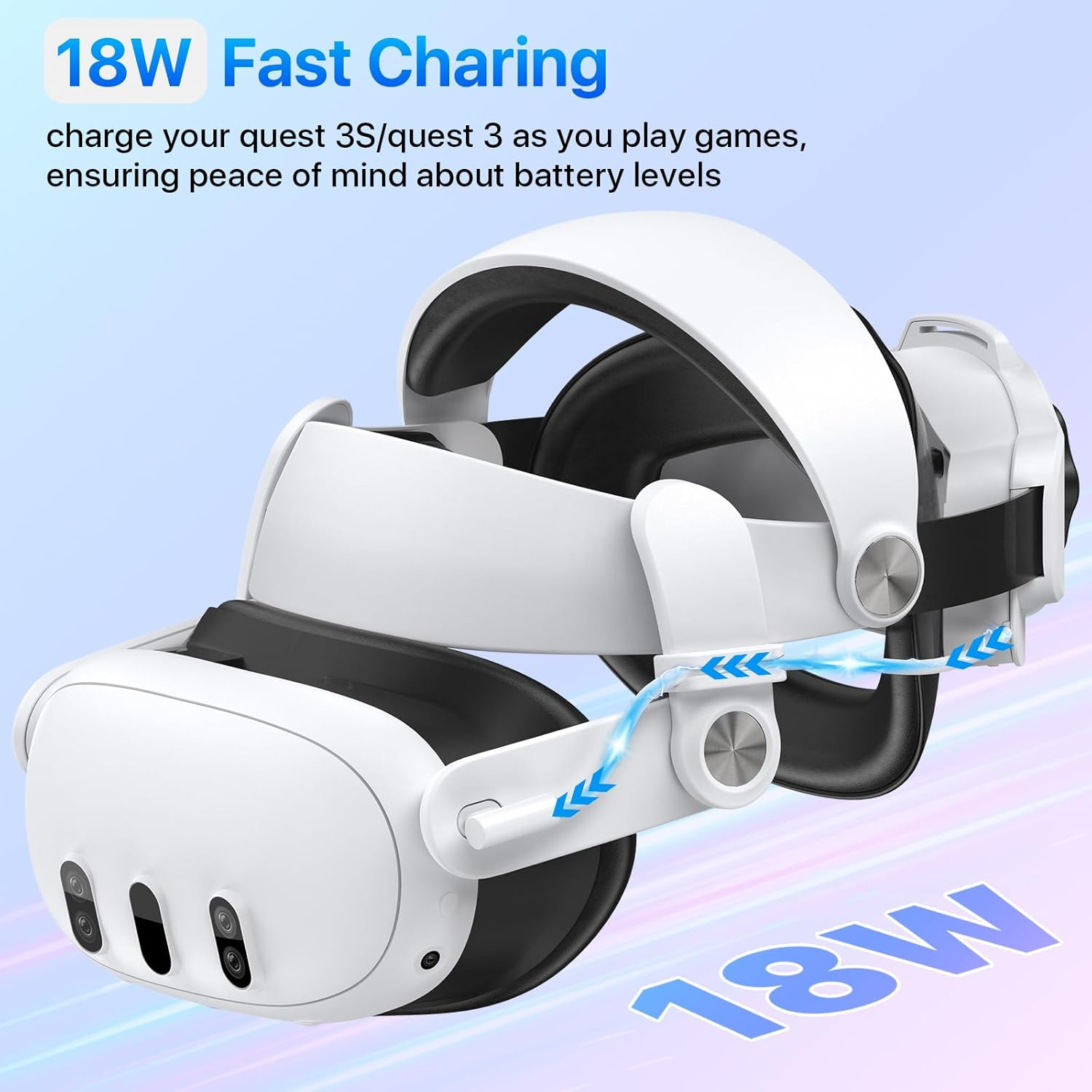 Ein weißes VR-Headset mit blauem Kabel, das 18W Leistung anzeigt.