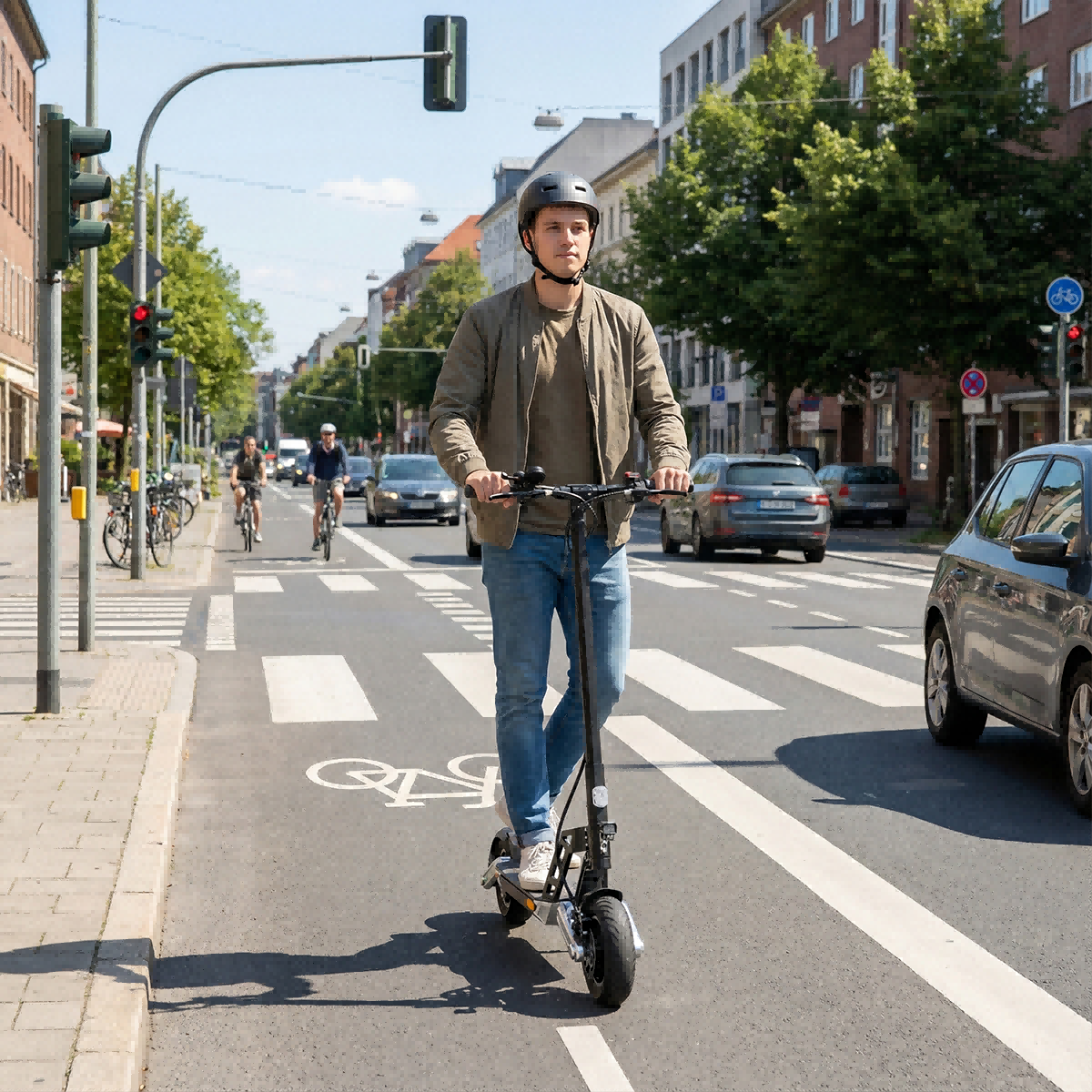 Mężczyzna jedzie na hulajnodze elektrycznej po ścieżce rowerowej, auta i rowerzyści.