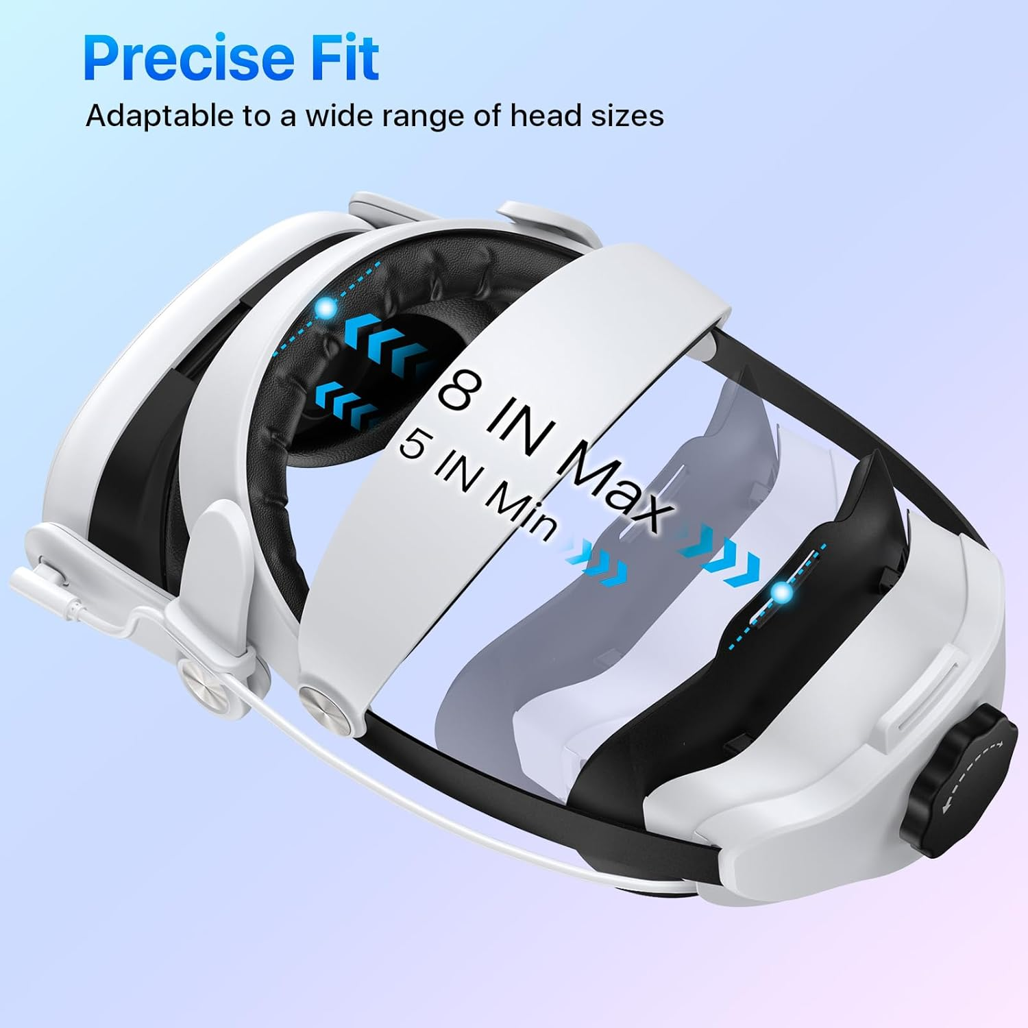 Weißes VR-Headset-Strap mit verstellbarer Passform, beschriftet '8 IN Max', '5 IN Min'.