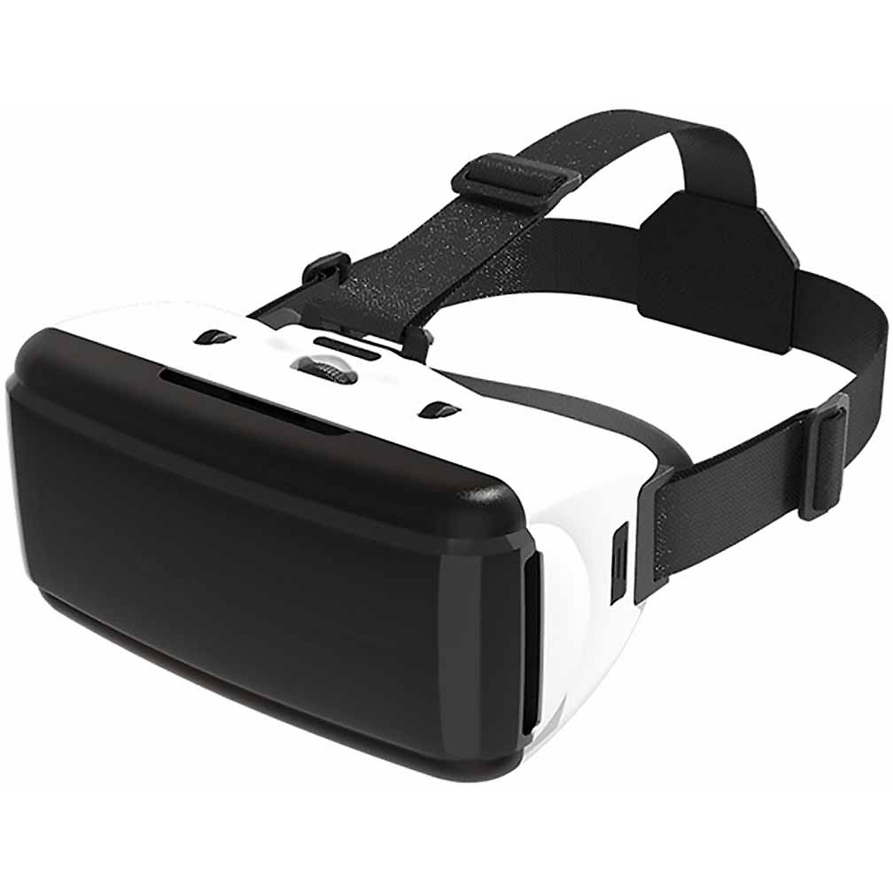 Eine weiße und schwarze VR-Brille mit verstellbarem schwarzen Gurt.