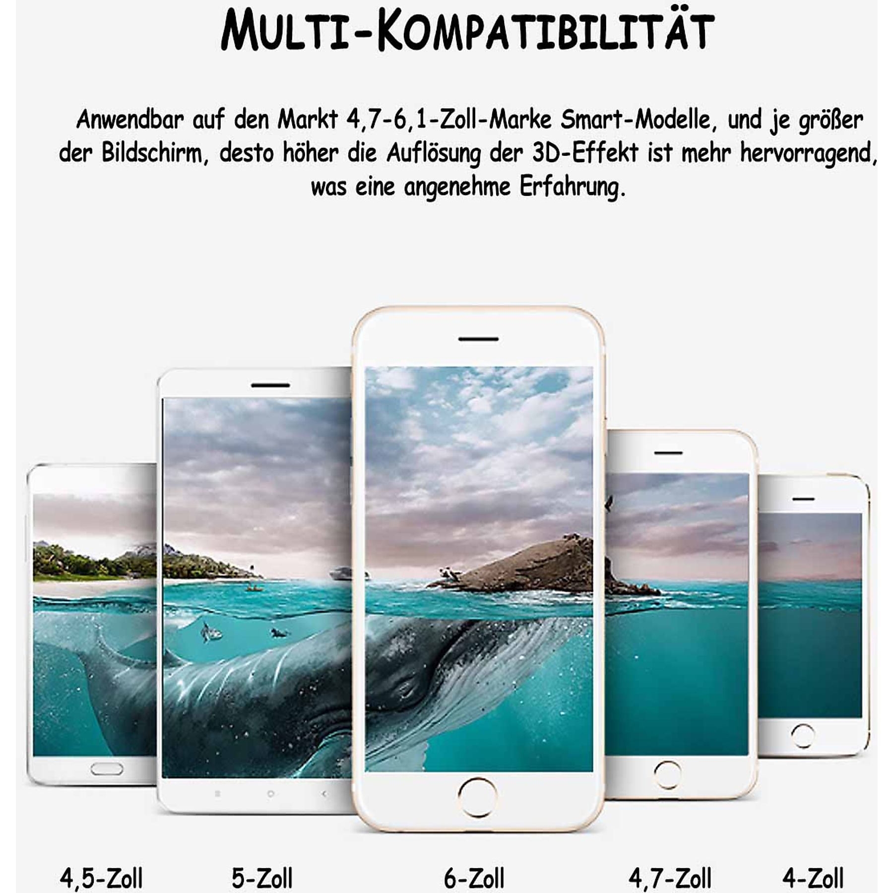 Mehrere Smartphones zeigen eine Unterwasser-Szene mit einem Wal und Inseln.