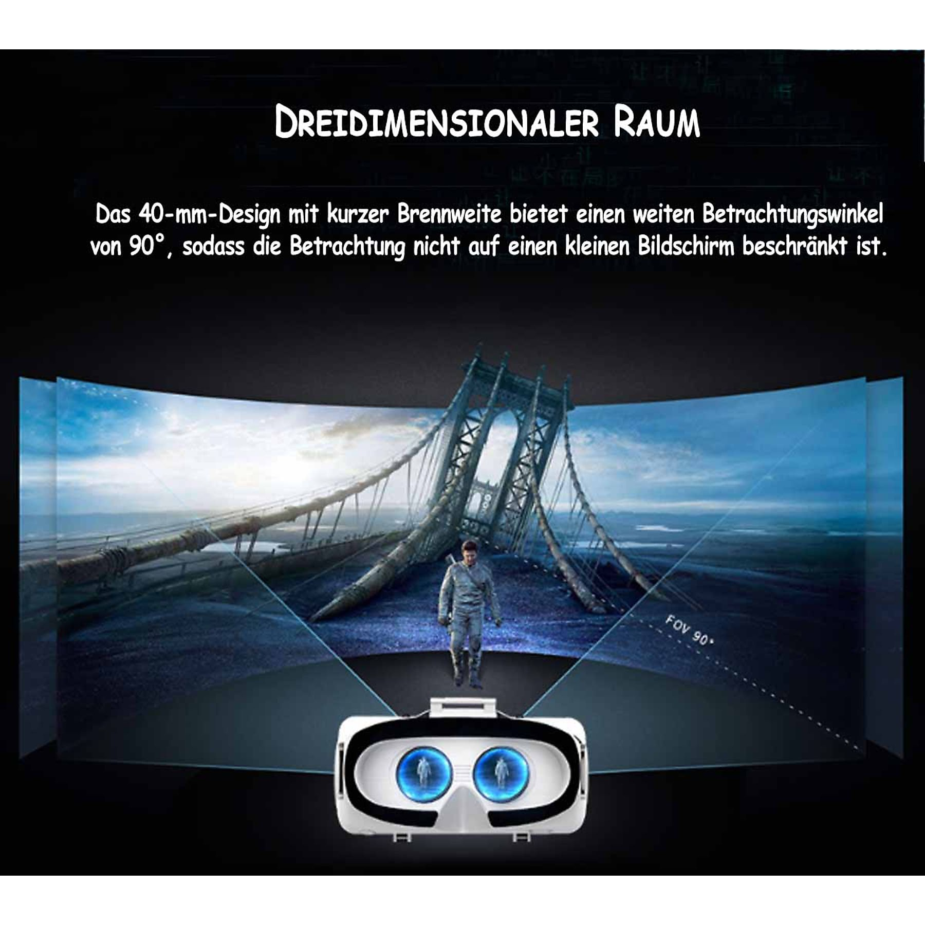 VR-Brille zeigt eine Person vor einer eingestürzten Brücke mit 90 Grad Sichtfeld.