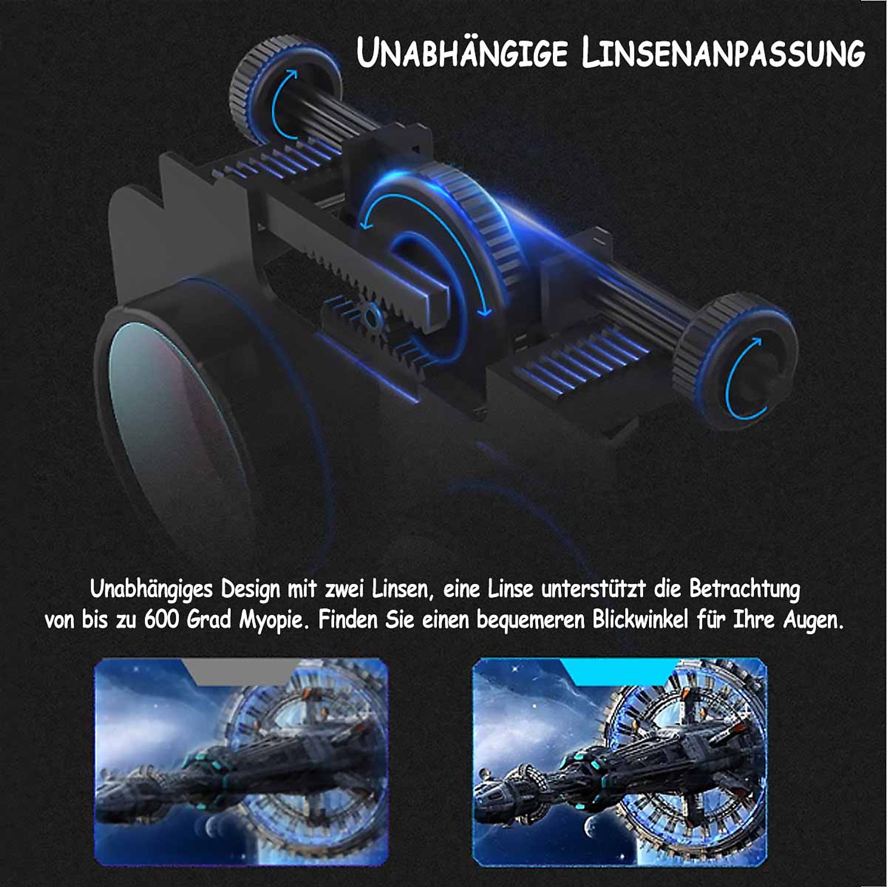 Mechanismus zur unabhängigen Linsenanpassung mit Zahnrädern und blauen Pfeilen.