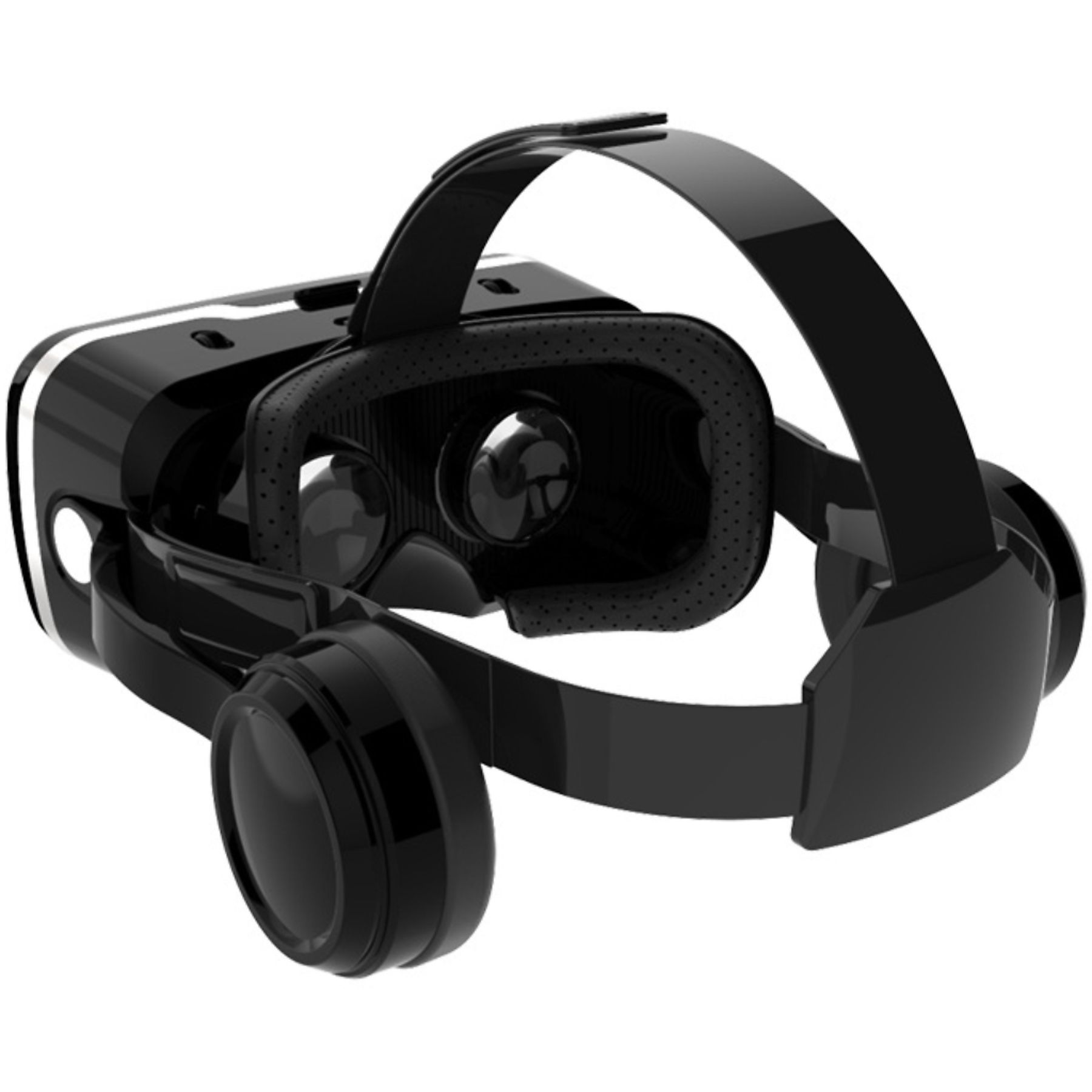 Schwarze VR-Brille mit verstellbarem Kopfband und integrierten Kopfhörern.