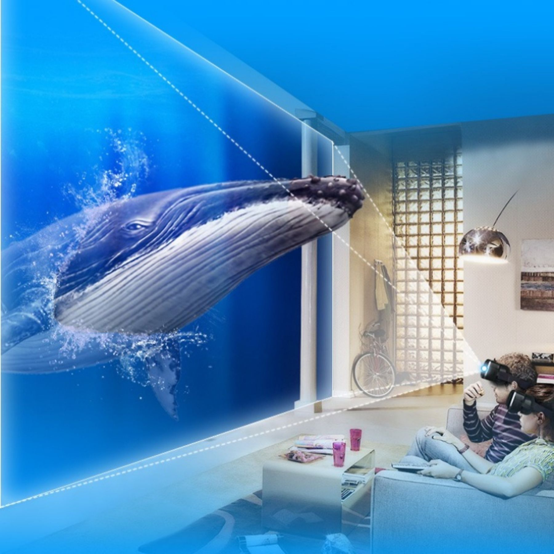 Ein Wal taucht aus dem Wasser auf, während zwei Personen VR-Brillen tragen.