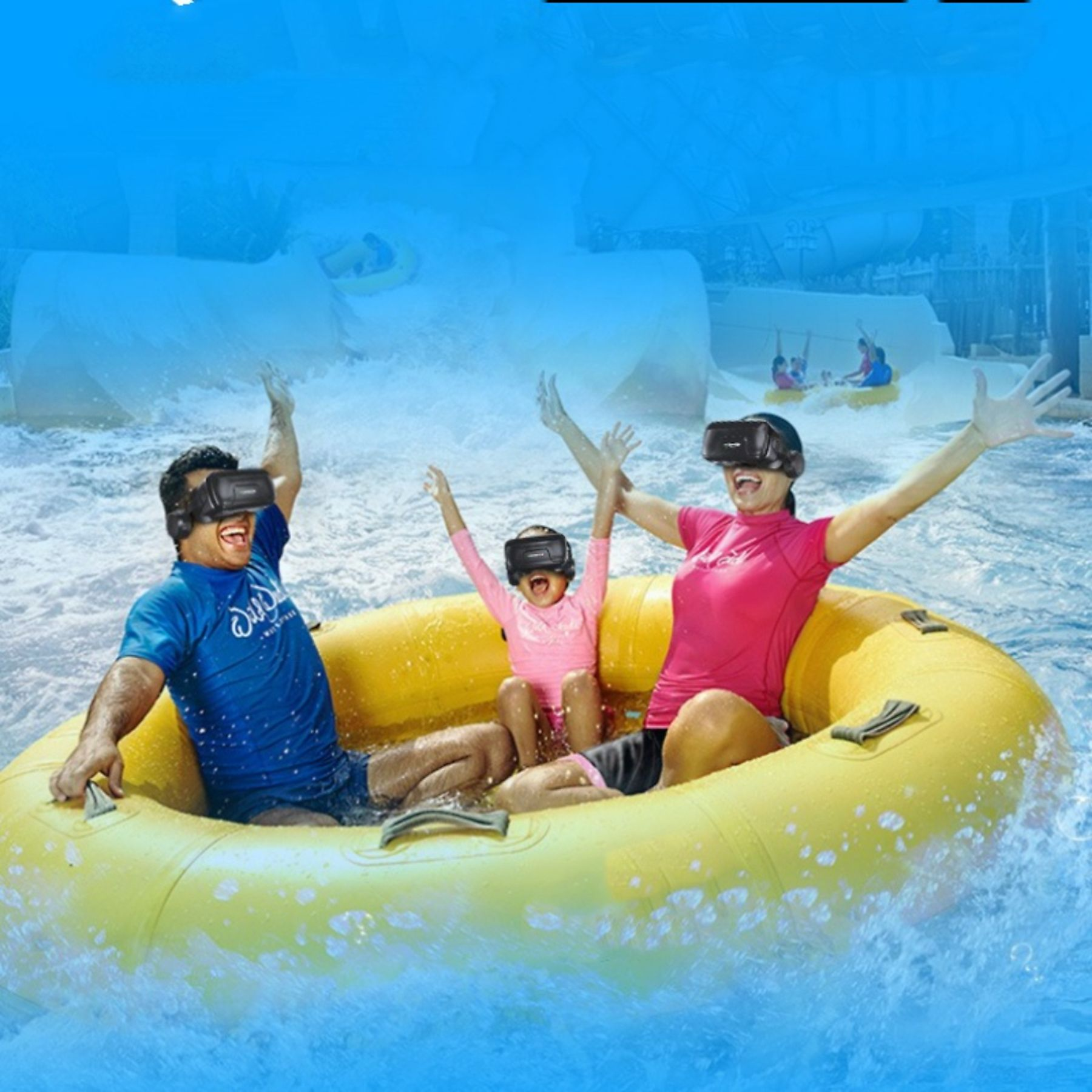 Familie in Schlauchboot mit VR-Brillen auf Wildwasserbahn.