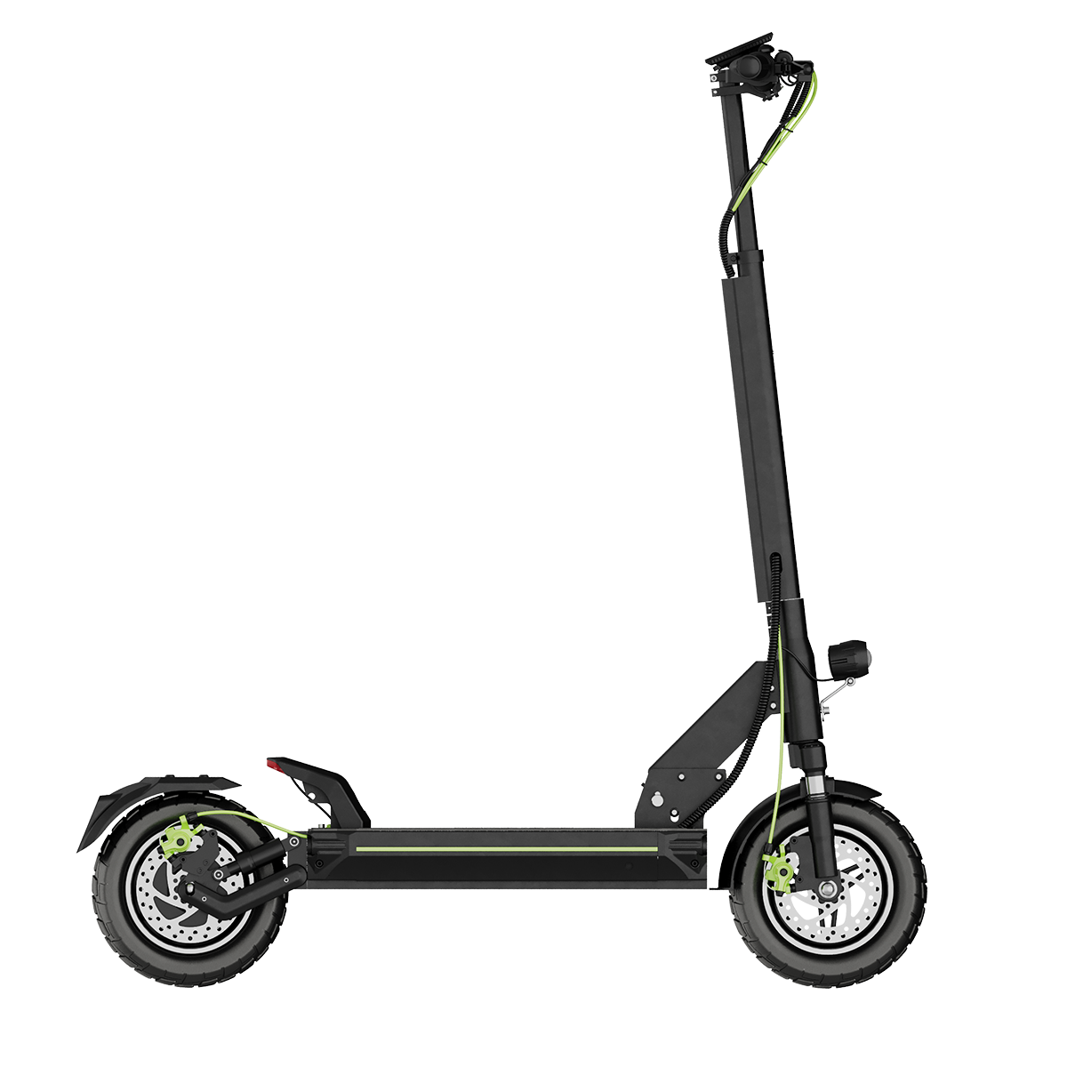 Czarna hulajnoga elektryczna z zielonymi akcentami stoi na białym tle.