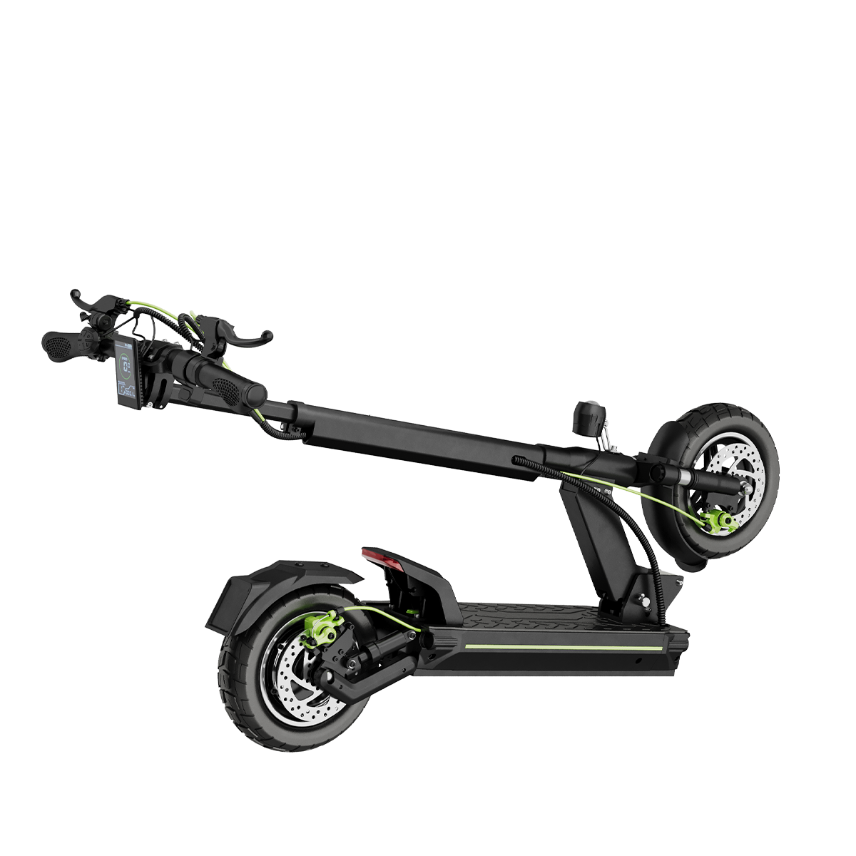 Czarna hulajnoga elektryczna z zielonymi akcentami, wyświetlaczem i hamulcami tarczowymi.