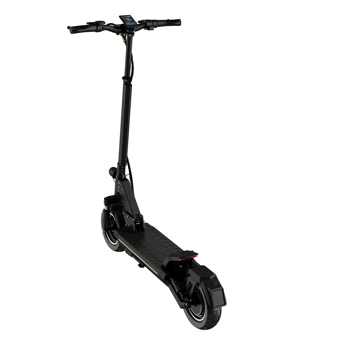 Czarny skuter elektryczny z wyświetlaczem i kierownicą na białym tle.