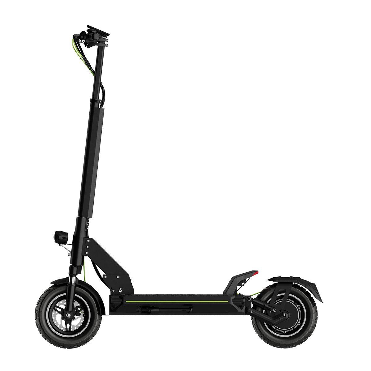 Czarna hulajnoga elektryczna z kołem przednim i tylnym, kierownicą i podestem.