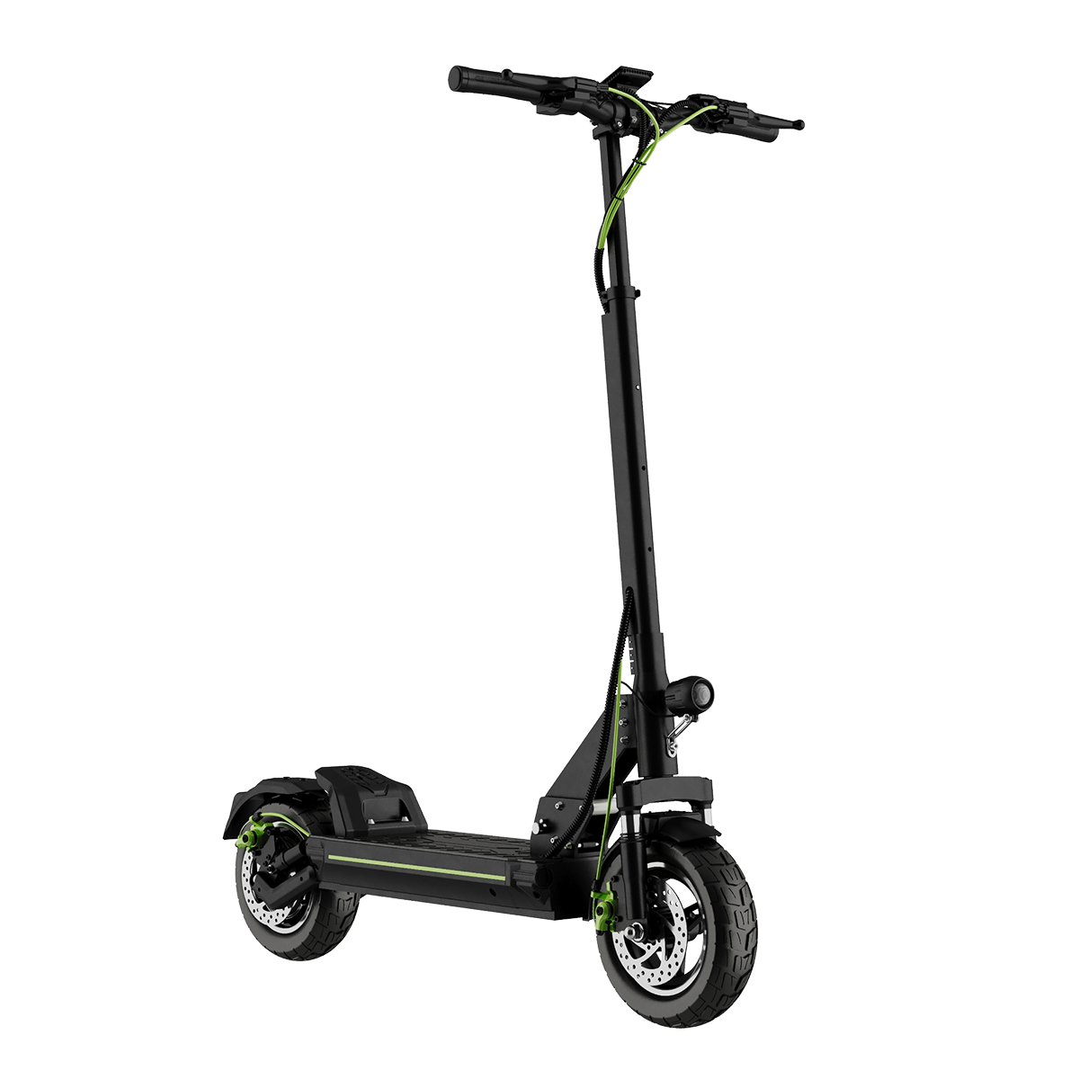 Czarny skuter elektryczny z zielonymi akcentami na białym tle.