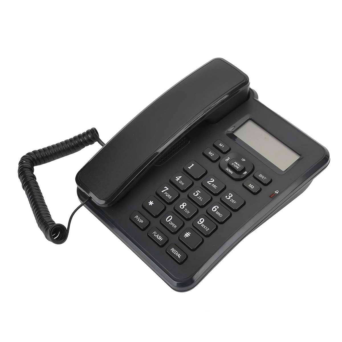 Ein schwarzes schnurgebundenes Telefon mit Zifferntastatur, Display und Hörer.