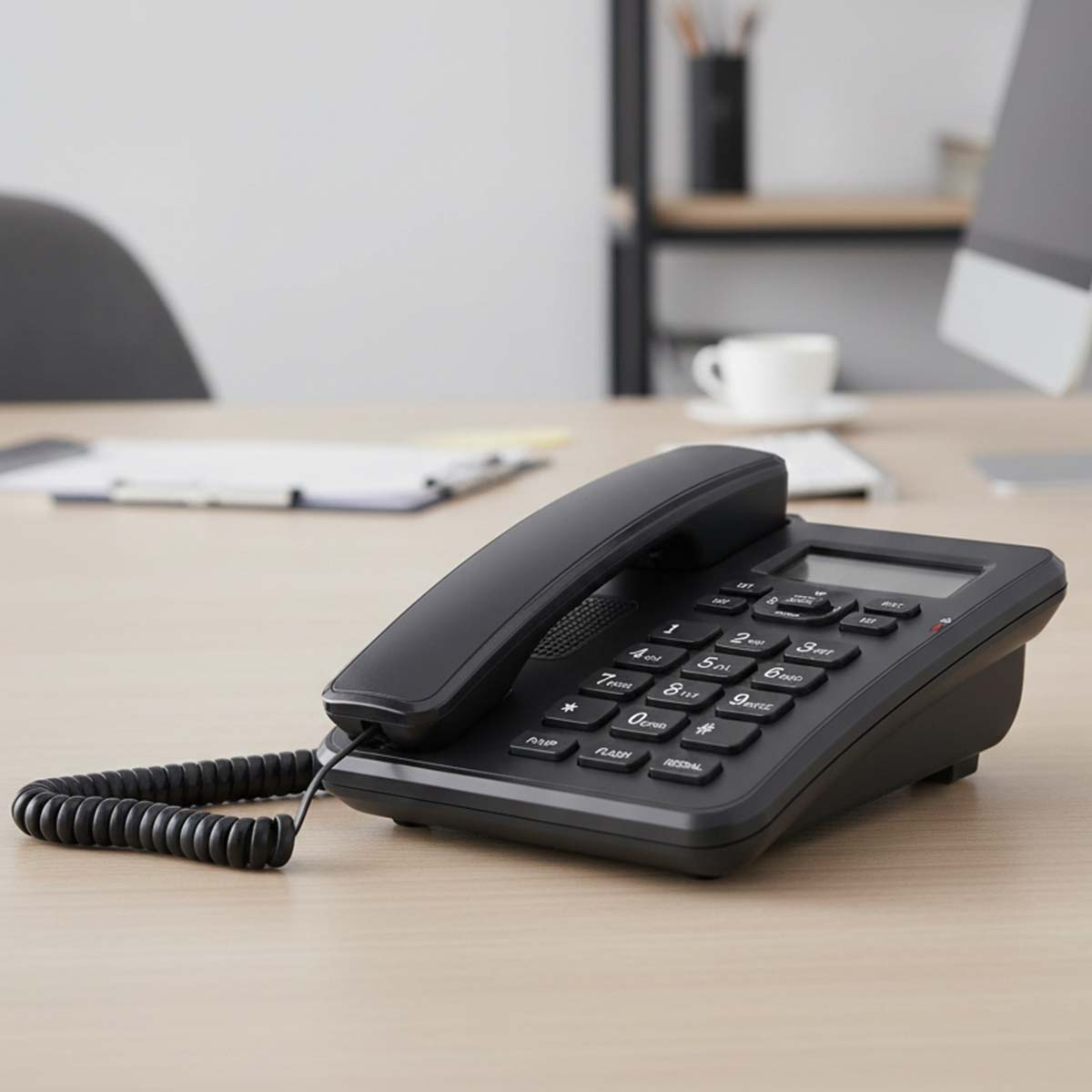 Ein schwarzes Schnurtelefon steht auf einem Holztisch, im Hintergrund ein Büro.