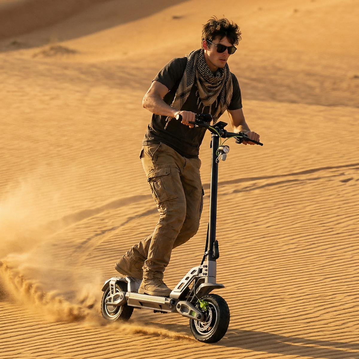 Mężczyzna jedzie na hulajnodze elektrycznej przez wydmy, wzbijając piasek.