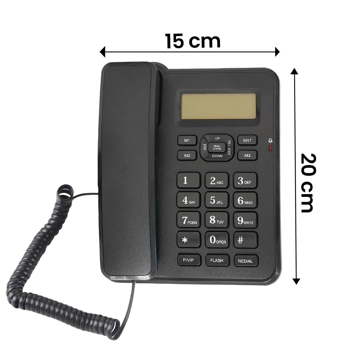 Schwarzes Schnurtelefon mit Tastenfeld, Display und Hörer. Maße 15x20 cm.