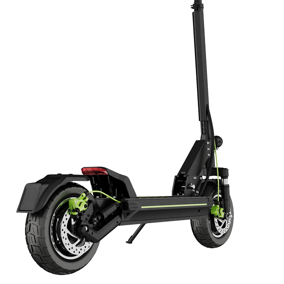 Czarna hulajnoga elektryczna z zielonymi akcentami, hamulcami tarczowymi i czerwonym światłem.