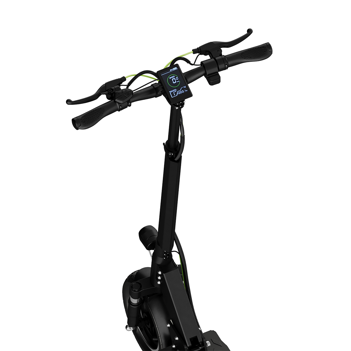 Zbliżenie na kierownicę czarnej hulajnogi elektrycznej z wyświetlaczem.