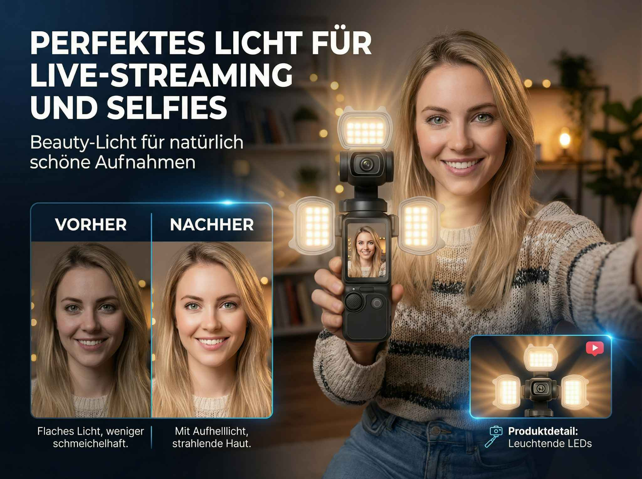 Eine Frau hält ein Selfie-Licht mit LEDs für Live-Streaming und Selfies.