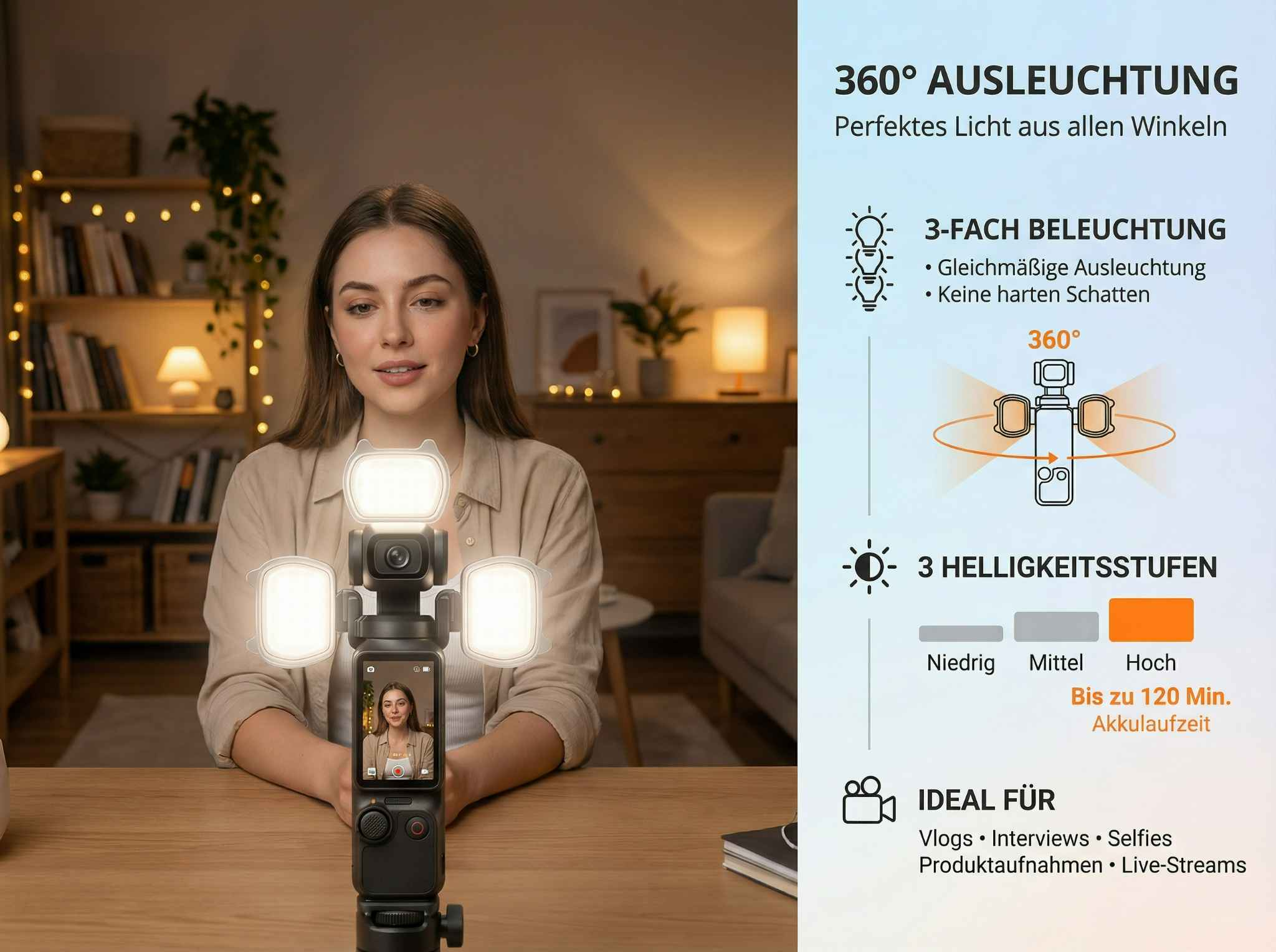 Eine Frau sitzt an einem Tisch mit einem Licht- und Kamerasetup vor ihr.