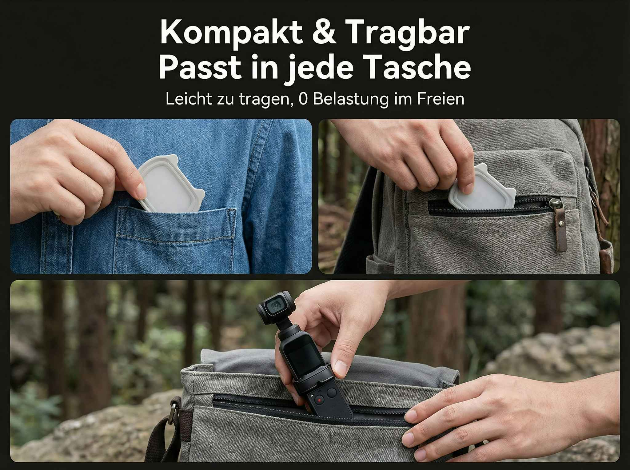 Ein Mann steckt einen Gimbal in eine Tasche eines Rucksacks. Ein Deckel wird in eine Jeanstasche gesteckt.