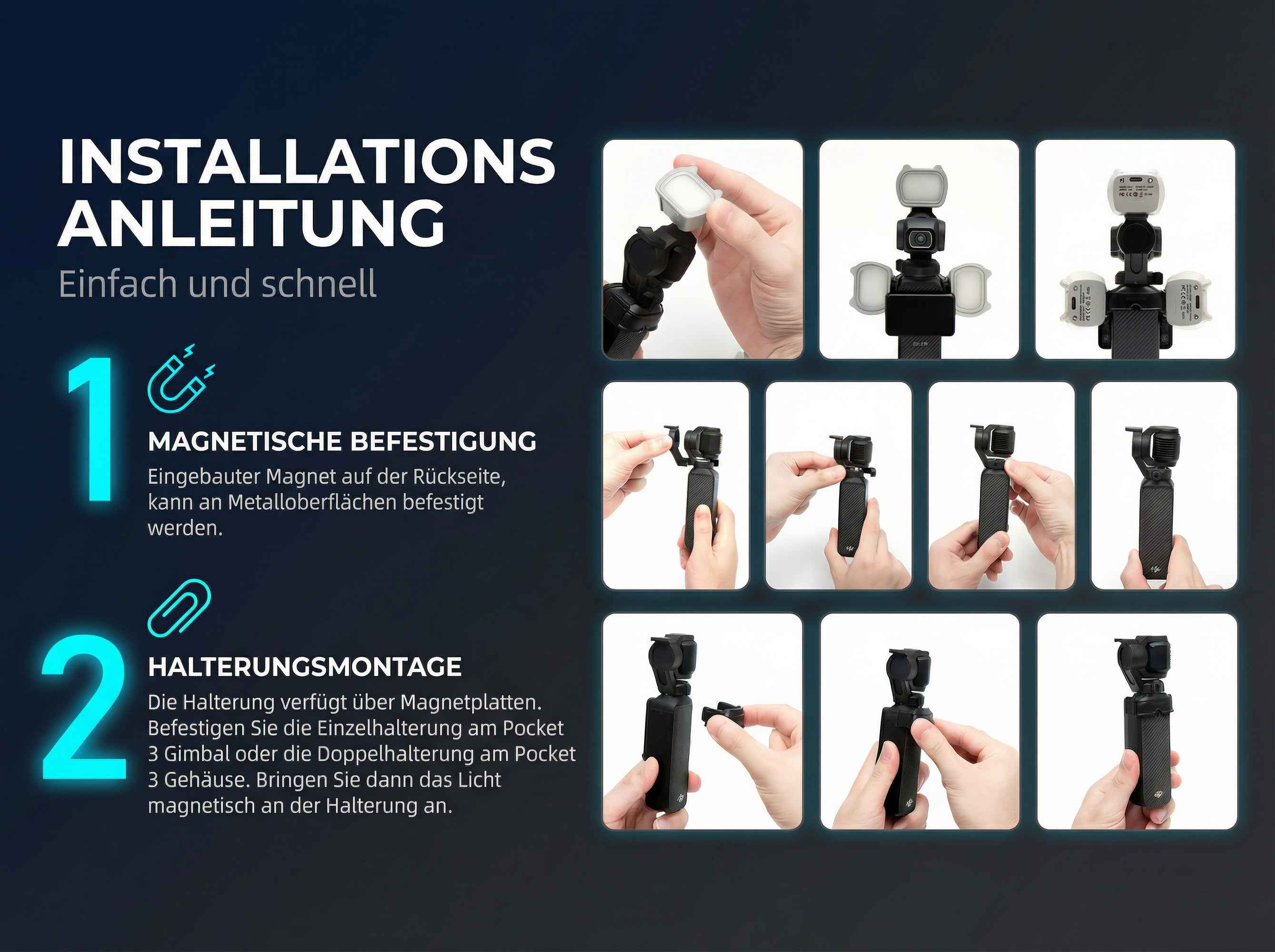 Anleitung zur magnetischen Befestigung und Halterungsmontage von Zubehör.