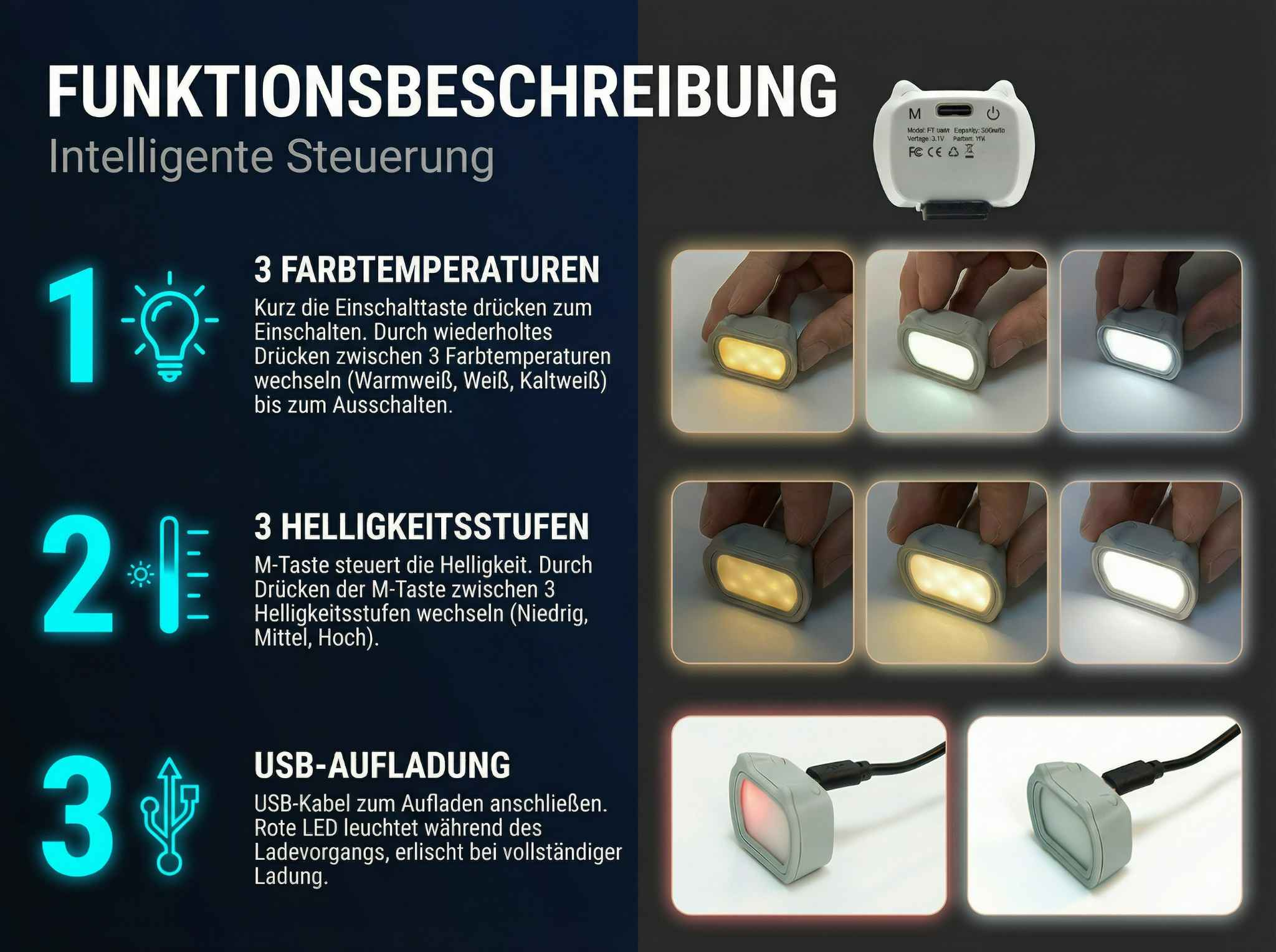 Bedienungsanleitung für ein intelligentes Licht mit 3 Farbtemperaturen, Helligkeitsstufen und USB-Aufladung.